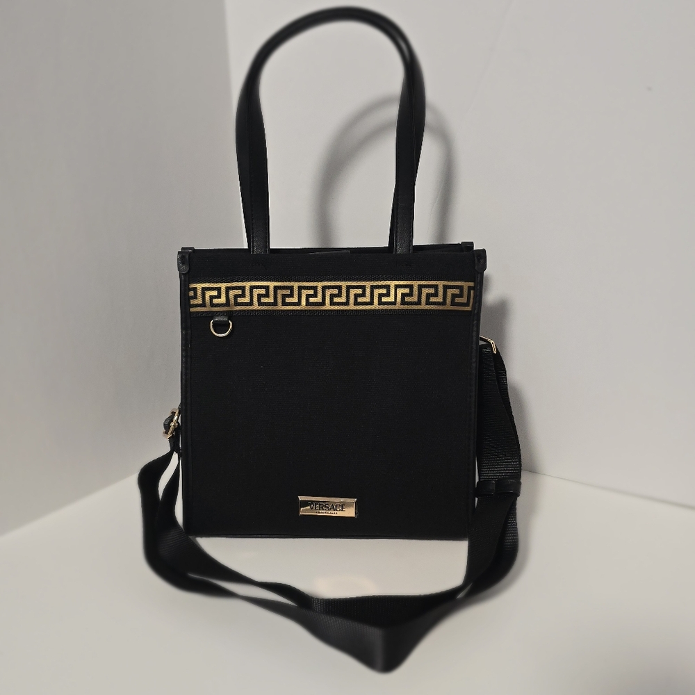 Versace Tote Bag Black Metallic Gold Handbag With Dust Bag - NEW - Picture 3 of 15